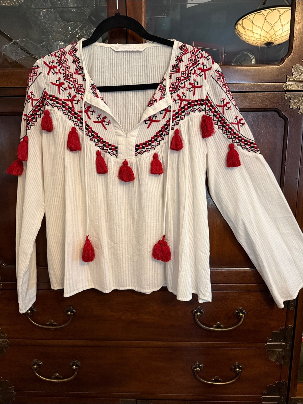 White Embroidered Peasant Blouse with Red Tassels